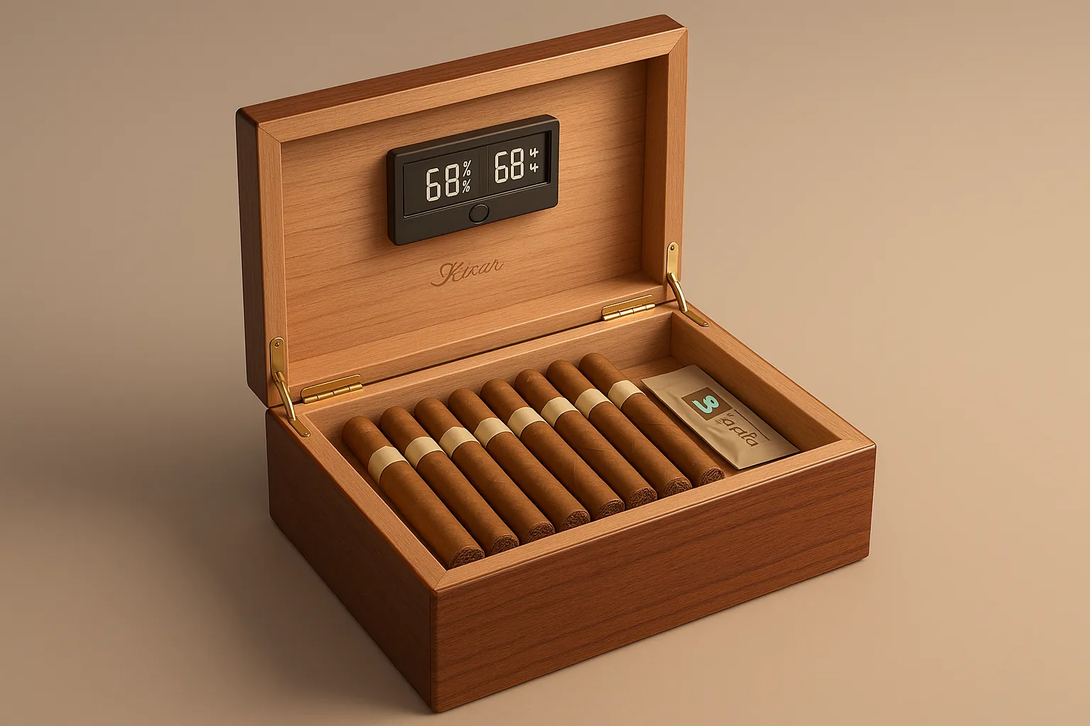 3D render of an open humidor storing cigars at stable humidity and temperature.