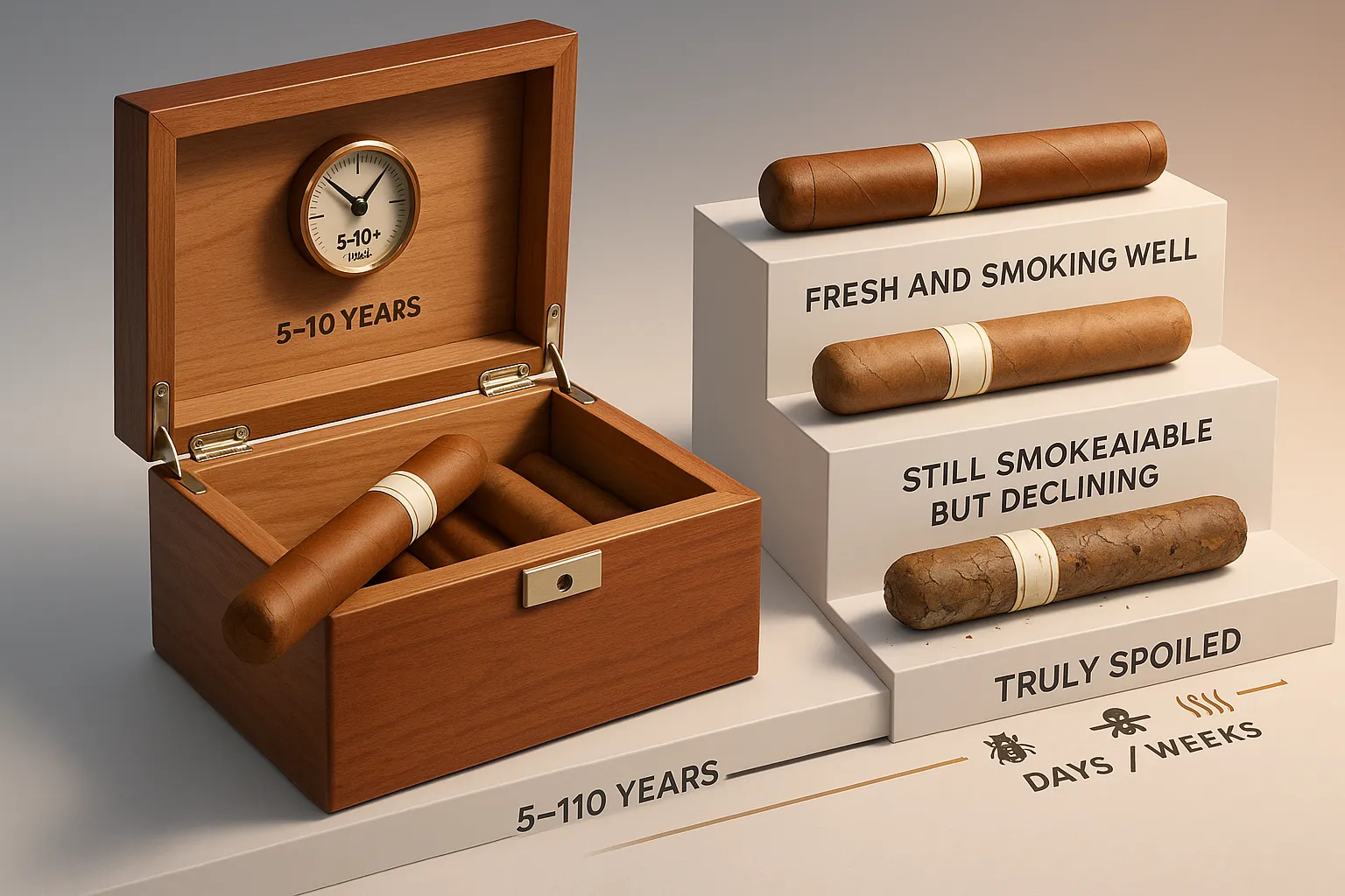 3D render of cigars showing fresh, aging, and spoiled storage conditions.